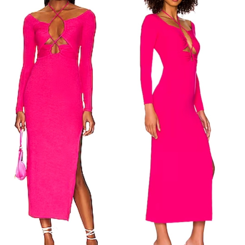 Lama Jouni redefining essentials ELECTRIC Pink STRAP LONG SLEEVE DRESS